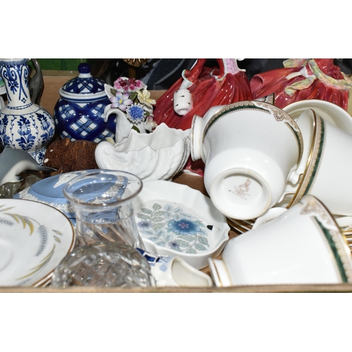 515 - FOUR BOXES OF CERAMICS AND ORNAMENTS, to include a Royal Doulton 'Clarendon' pattern dinner set, a l... 