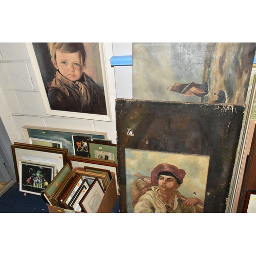 519 - A QUANTITY OF PAINTINGS AND PRINTS ETC, to include distressed 19th century oils on canvas including ... 