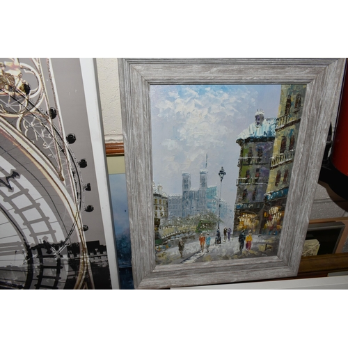 525 - A SMALL QUANTITY OF PAINTINGS AND PRINTS ETC, to include a Parisian scene oil on canvas signed Burne... 