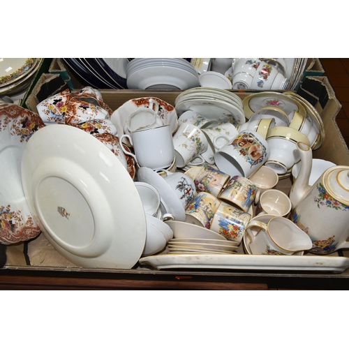 531 - FIVE BOXES AND LOOSE CERAMICS, ETC, assorted tea, coffee and dinnerware, including Alfred Meakin 'Mi... 