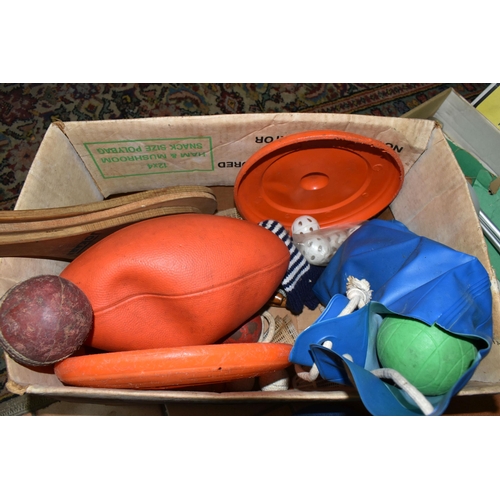 535 - TWO BOXES AND LOOSE SPORTS EQUIPMENT, ETC, including frisbees, shuttlecocks, assorted plastic and ru... 