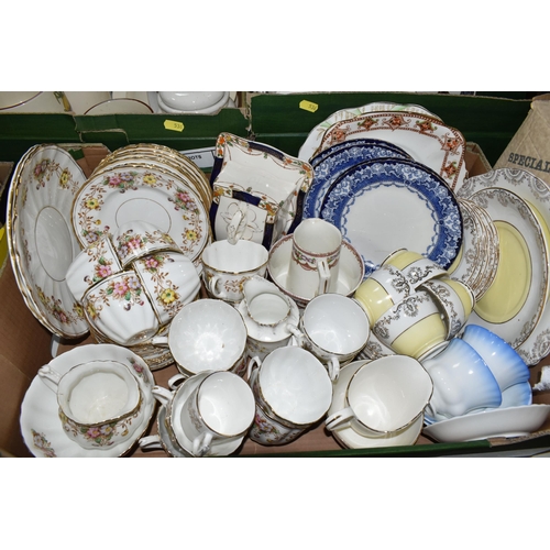 536 - FIVE BOXES AND LOOSE CERAMICS AND GLASSWARE, including assorted kitchen crockery, Willow pattern mea... 