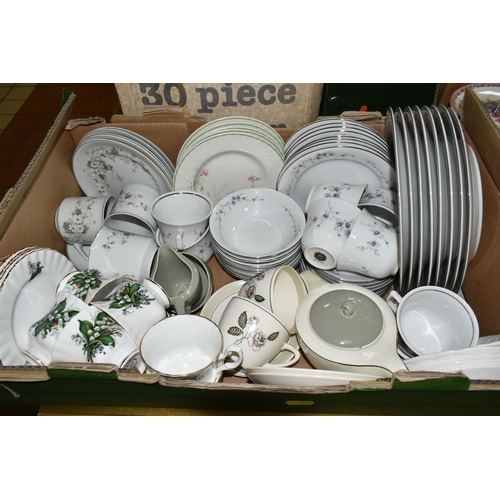 536 - FIVE BOXES AND LOOSE CERAMICS AND GLASSWARE, including assorted kitchen crockery, Willow pattern mea... 