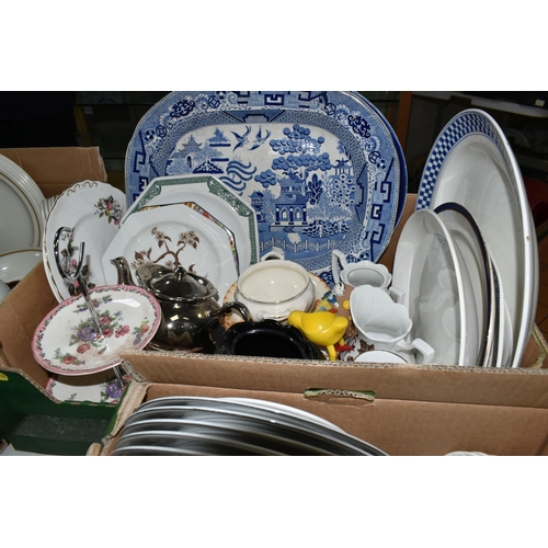 536 - FIVE BOXES AND LOOSE CERAMICS AND GLASSWARE, including assorted kitchen crockery, Willow pattern mea... 