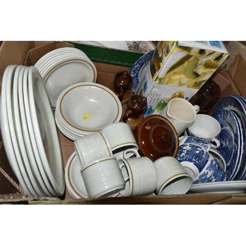 536 - FIVE BOXES AND LOOSE CERAMICS AND GLASSWARE, including assorted kitchen crockery, Willow pattern mea... 