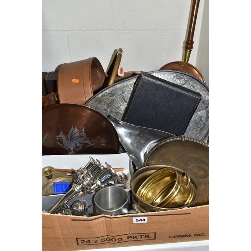 544 - A BOX AND LOOSE METAL WARES, to include a Victoria House copper tray with inlaid pewter dragon desig... 