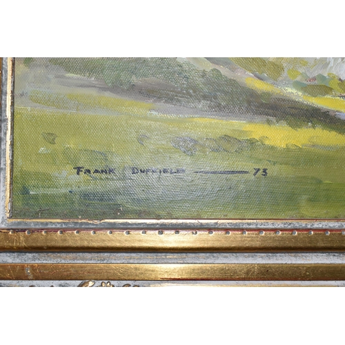 547 - FRANK DUFFIELD ( 1901-1982) A LANDSCAPE WITH FIGURES ON HORSEBACK, signed and dated (19)73 bottom le... 