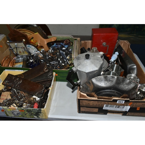 551 - FOUR BOXES OF METALWARES, KEYS, KITCHEN SUNDRIES, ETC, including a box of assorted vintage and moder... 