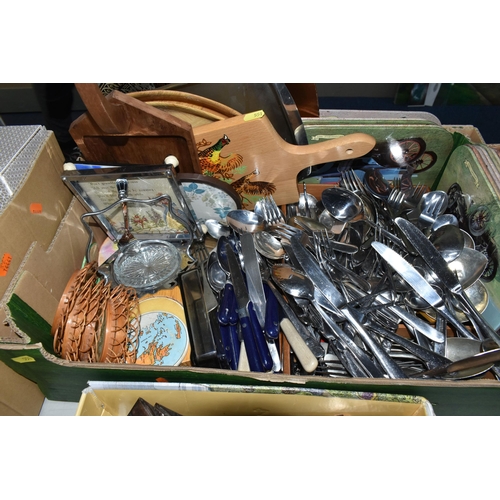 551 - FOUR BOXES OF METALWARES, KEYS, KITCHEN SUNDRIES, ETC, including a box of assorted vintage and moder... 