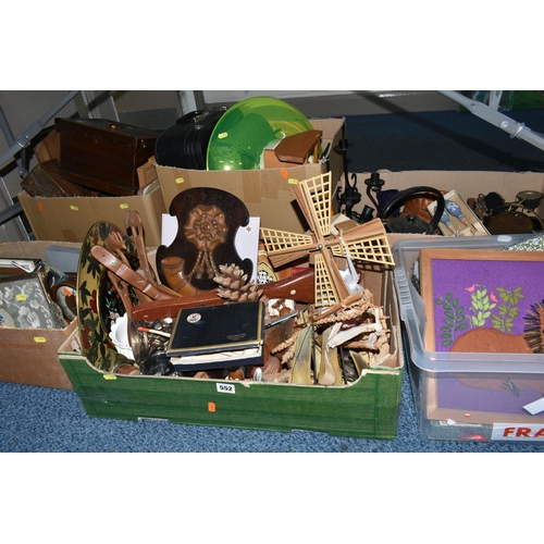 552 - SIX BOXES OF METALWARE, TREEN, PICTURES, ETC, including petit point dressing table items, micrometer... 