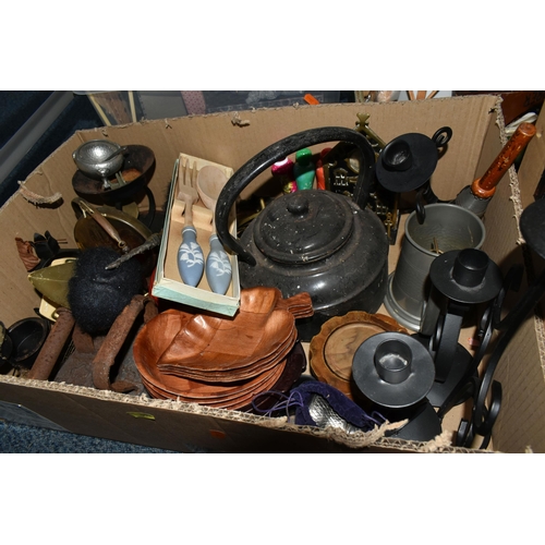 552 - SIX BOXES OF METALWARE, TREEN, PICTURES, ETC, including petit point dressing table items, micrometer... 