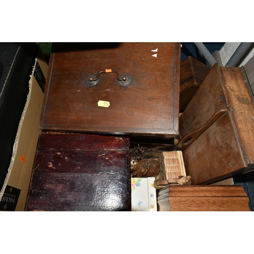 552 - SIX BOXES OF METALWARE, TREEN, PICTURES, ETC, including petit point dressing table items, micrometer... 