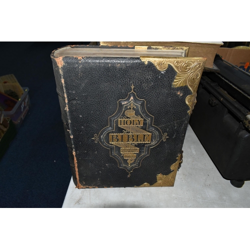 553 - FOUR BOXES AND LOOSE TINS, SUNDRIES, EPHEMERA, ETC, including two Victorian brass bound bibles, a.f.... 