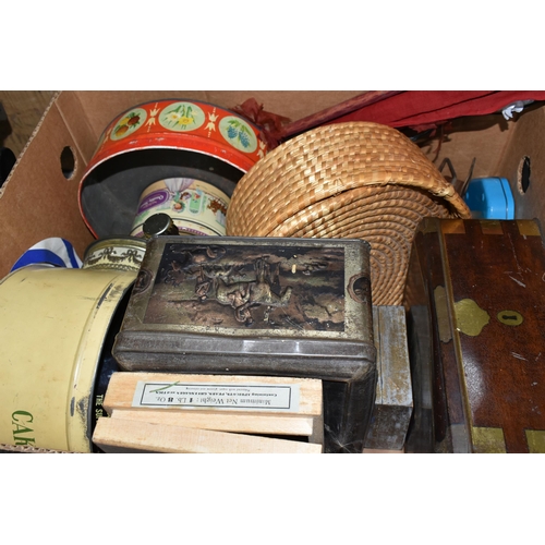 553 - FOUR BOXES AND LOOSE TINS, SUNDRIES, EPHEMERA, ETC, including two Victorian brass bound bibles, a.f.... 