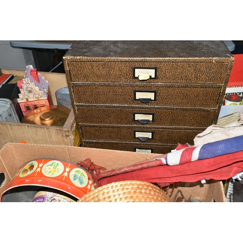 553 - FOUR BOXES AND LOOSE TINS, SUNDRIES, EPHEMERA, ETC, including two Victorian brass bound bibles, a.f.... 