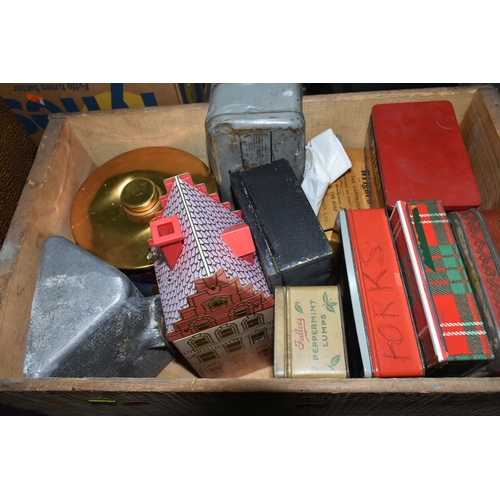 553 - FOUR BOXES AND LOOSE TINS, SUNDRIES, EPHEMERA, ETC, including two Victorian brass bound bibles, a.f.... 