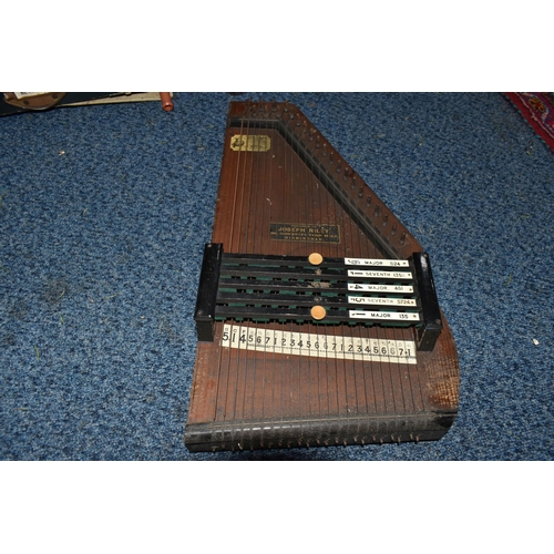 554 - FOUR BOXES OF MISCELLANEOUS ITEMS, including a Zimmerman autoharp, other small musical instruments, ... 