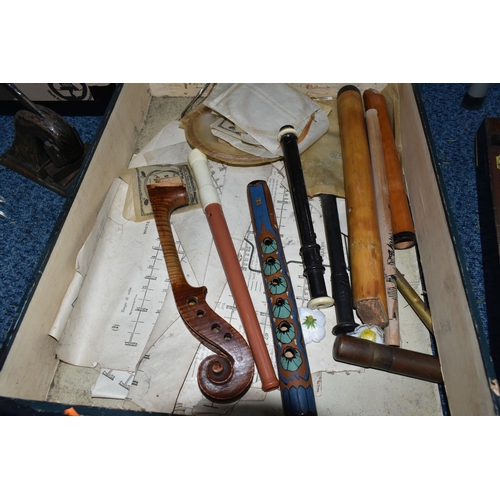 554 - FOUR BOXES OF MISCELLANEOUS ITEMS, including a Zimmerman autoharp, other small musical instruments, ... 