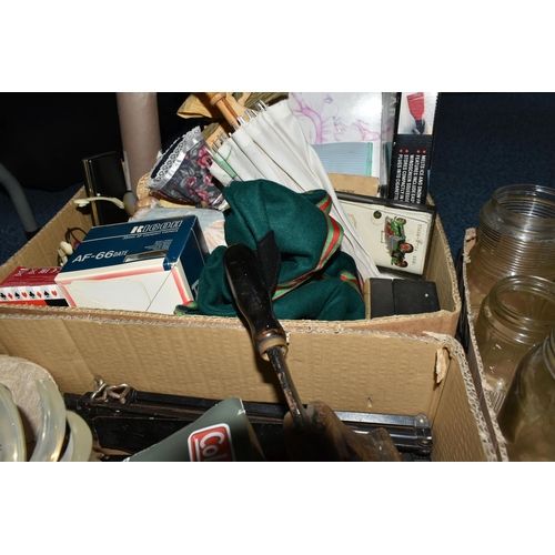 554 - FOUR BOXES OF MISCELLANEOUS ITEMS, including a Zimmerman autoharp, other small musical instruments, ... 