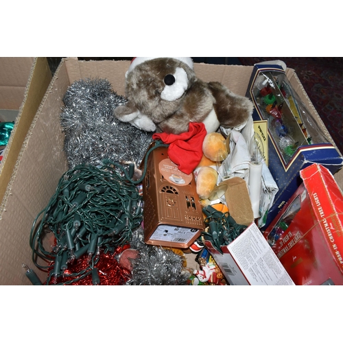 555 - TWO BOXES OF CHRISTMAS DECORATIONS, including baubles, lights and soft toys (2 boxes)