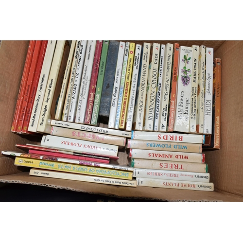 556 - FIVE BOXES OF BOOKS, over one hundred and twenty titles in hard back and paperback, including eight ... 