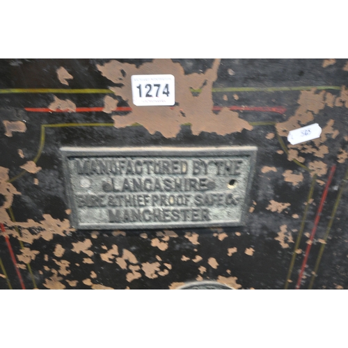 1197 - A VINTAGE BENT STEEL SAFE, with a plaque reading Lancashire fire and thief proof safe co Manchester,... 