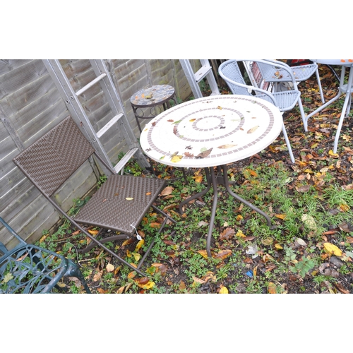 1022 - A MODERN CIRCULAR TILE TOP GARDEN TABLE, diameter 70cm x height 72cm, a folding faux rattan chair, p... 