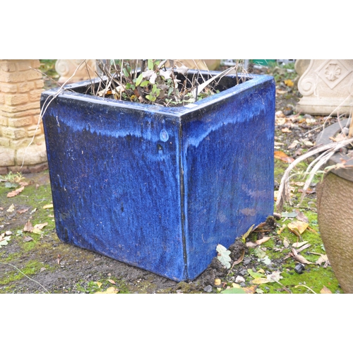 1032 - A LARGE SQUARE BLUE GLAZED PLANTER, containing a tassel bush, 52cm squared x height 50cm (condition ... 