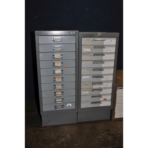 1058 - THREE VINTAGE METAL FILE DRAWERS comprising of a small Bisley chest of ten shallow drawers 33cm high... 