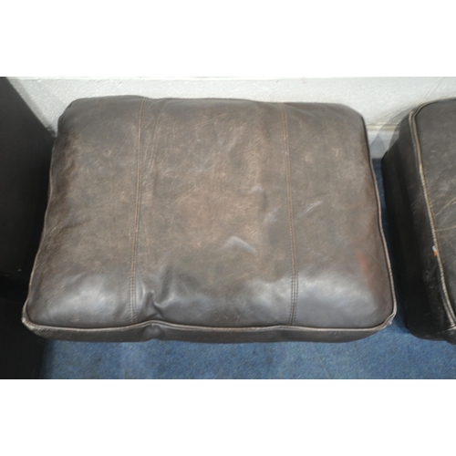 1318 - A PAIR OF BROWN LEATHER POUFFES, width 88cm x depth 68cm x height 35cm, a set of three tanned leathe... 