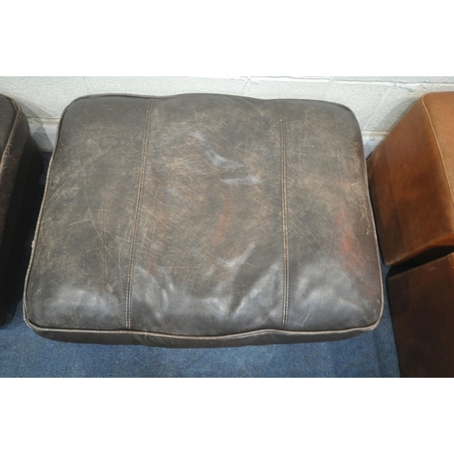 1318 - A PAIR OF BROWN LEATHER POUFFES, width 88cm x depth 68cm x height 35cm, a set of three tanned leathe... 