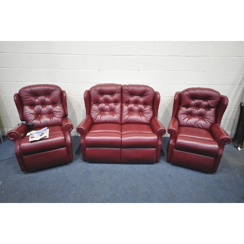 1319 - A CELEBRITY THREE PIECE BURGUNDY LOUNGE SUITE, comprising a two seater sofa, length 130cm x depth 90... 