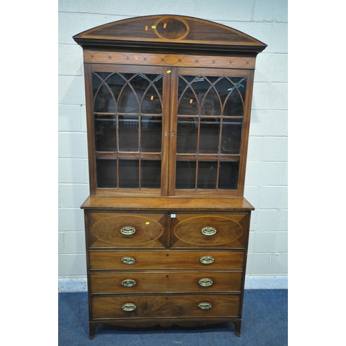 1323 - A GEORGIAN MAHOGANY AND CROSSBANDED SECRETAIRE BOOKCASE, the top with a domed top, double astragal g... 