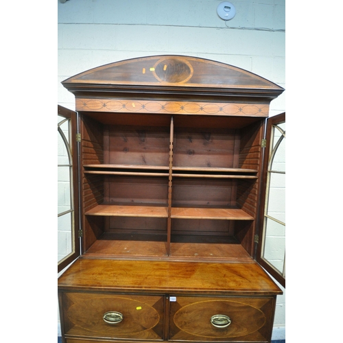 1323 - A GEORGIAN MAHOGANY AND CROSSBANDED SECRETAIRE BOOKCASE, the top with a domed top, double astragal g... 