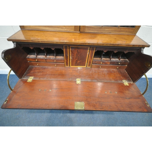 1323 - A GEORGIAN MAHOGANY AND CROSSBANDED SECRETAIRE BOOKCASE, the top with a domed top, double astragal g... 