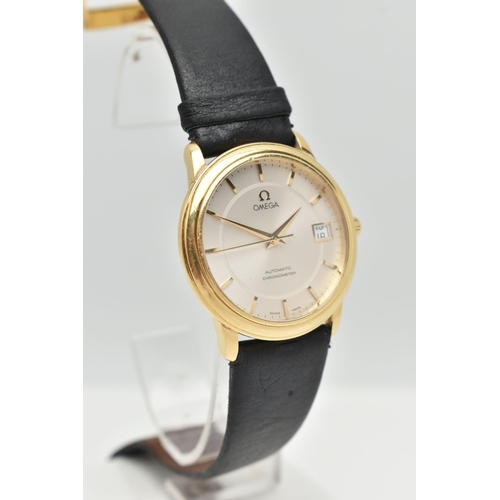 1 - AN 18CT GOLD OMEGA WRISTWATCH, with automatic movement, circular silver dial signed Omega Automatic ... 