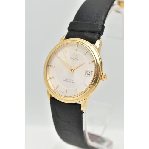 1 - AN 18CT GOLD OMEGA WRISTWATCH, with automatic movement, circular silver dial signed Omega Automatic ... 