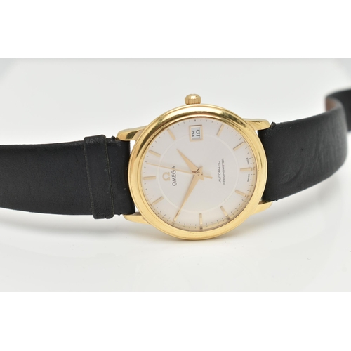 1 - AN 18CT GOLD OMEGA WRISTWATCH, with automatic movement, circular silver dial signed Omega Automatic ... 