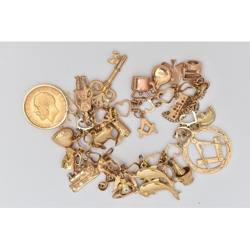 15 - A CHARM BRACELET, the heart link bracelet suspending twenty-five charms, to include a mounted George... 