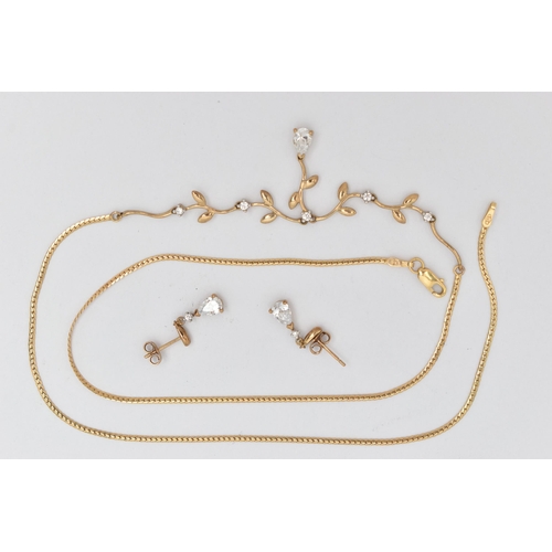 16 - A 9CT GOLD NECKLACE AND DROP EARRINGS, the necklace designed as a V-shape foliate line set with circ... 