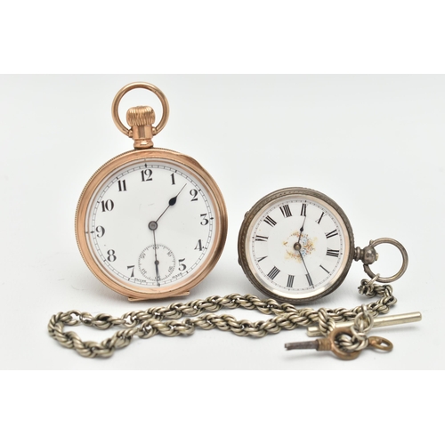 22 - TWO POCKET WATCHES AND AN ALBERT CHAIN, the first a gold plated open face pocket watch with white fa... 