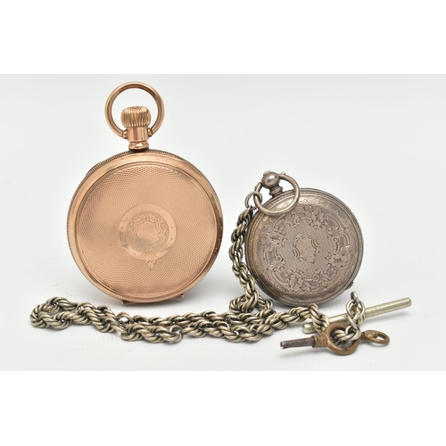 22 - TWO POCKET WATCHES AND AN ALBERT CHAIN, the first a gold plated open face pocket watch with white fa... 