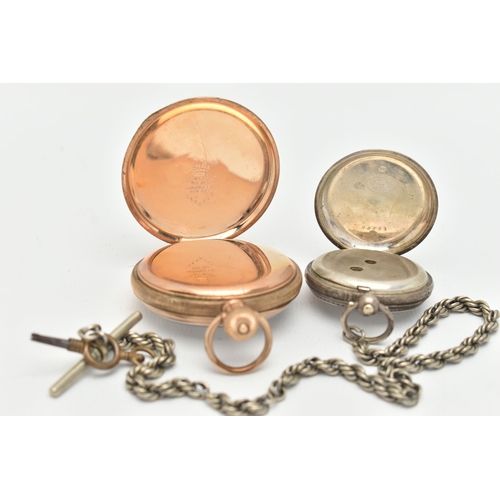 22 - TWO POCKET WATCHES AND AN ALBERT CHAIN, the first a gold plated open face pocket watch with white fa... 