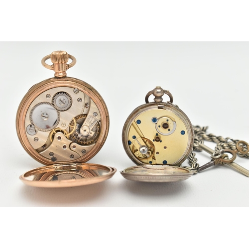 22 - TWO POCKET WATCHES AND AN ALBERT CHAIN, the first a gold plated open face pocket watch with white fa... 