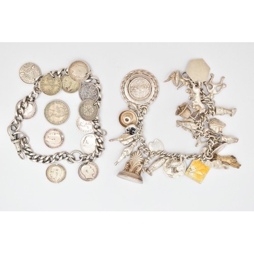 26 - TWO WHITE METAL BRACELETS, to include a charm bracelet suspending approximately twenty nine charms t... 