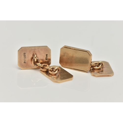 34 - A PAIR OF 9CT GOLD CUFFLINKS, rectangular engine turned pattern to one side the other with engraved ... 