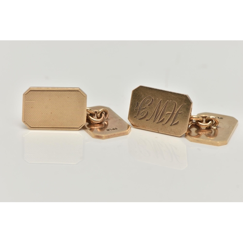 34 - A PAIR OF 9CT GOLD CUFFLINKS, rectangular engine turned pattern to one side the other with engraved ... 