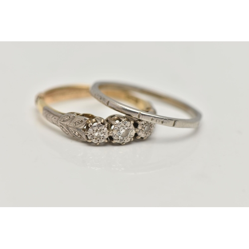 38 - TWO RINGS, the first a white and yellow metal diamond three stone ring, set with an old cut and two ... 