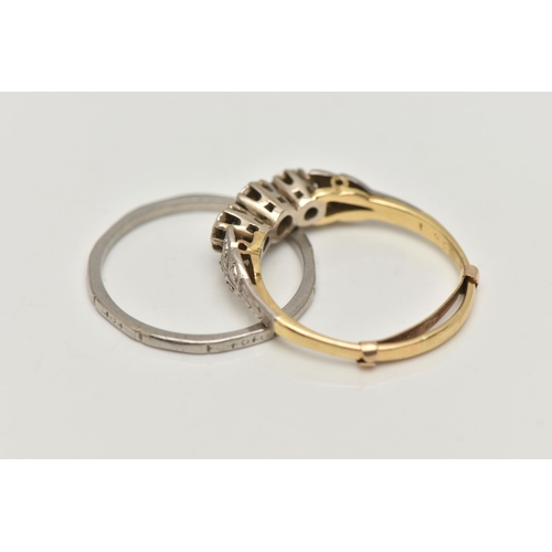 38 - TWO RINGS, the first a white and yellow metal diamond three stone ring, set with an old cut and two ... 