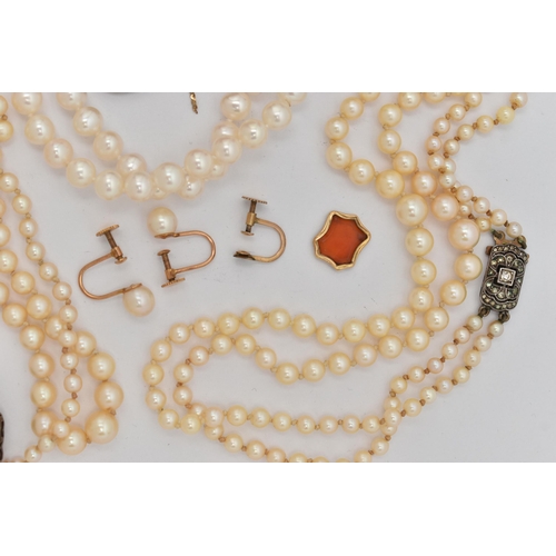 42 - ASSORTED JEWELLERY, to include a pair of AF yellow metal non-pierced carnelian shield shape earrings... 